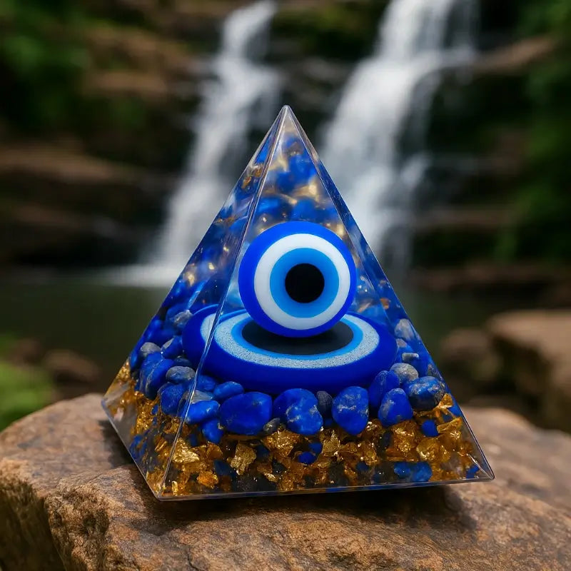 Pirâmide Orgonite com Olho Grego e Lápis-Lazúli – Proteção Energética e Harmonia