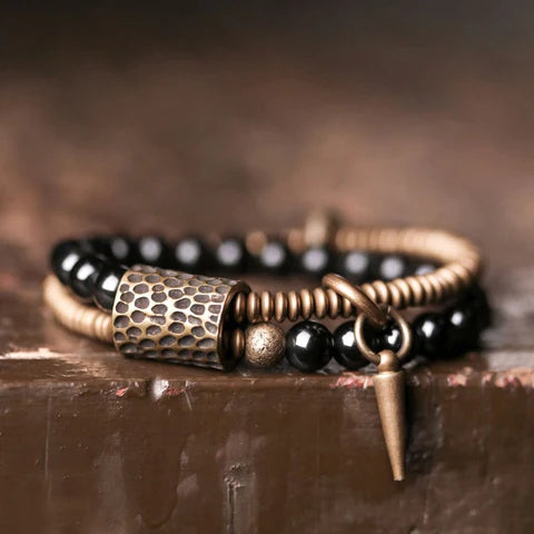 Bracelete Duplo em Obsidiana Natural e Cobre com Pingente - Linha Nepal