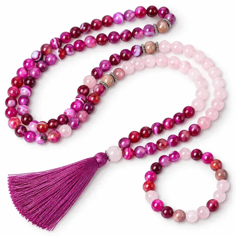 Kit Japamala com Pulseira em Rodocrosita e Quartzo Rosa - Contas 8mm