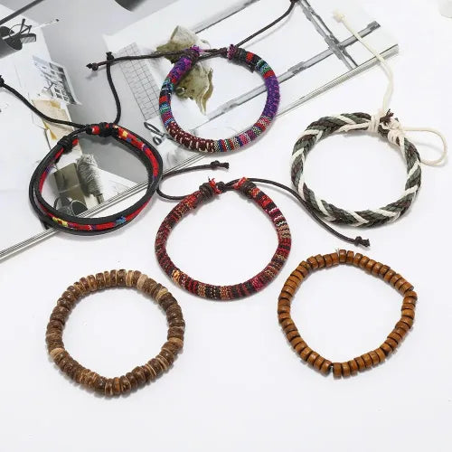 Kit Tibetano Equilíbrio & Energia - 6 Pulseiras em Madeira e Linha