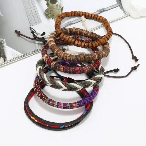 Kit Tibetano Equilíbrio & Energia - 6 Pulseiras em Madeira e Linha