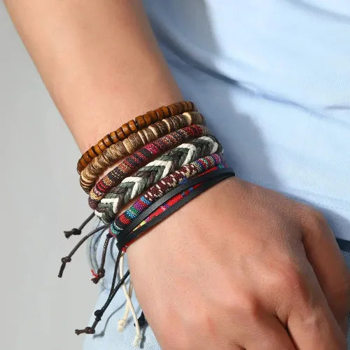 Kit Tibetano Equilíbrio & Energia - 6 Pulseiras em Madeira e Linha