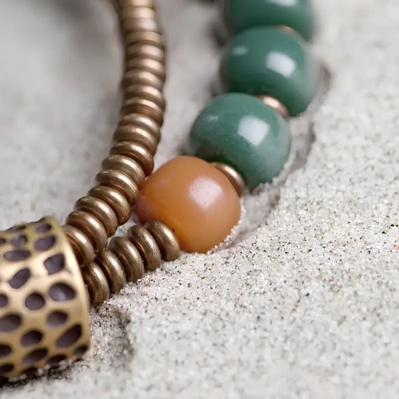 Bracelete Duplo em Cobre e Sementes de Bodhi Verde - Linha Nepal