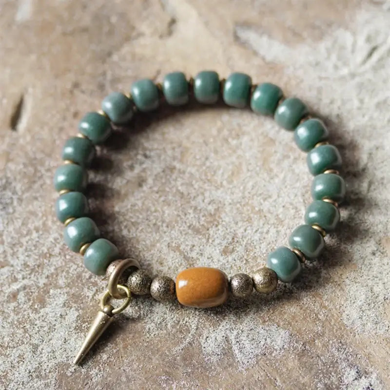 Bracelete em Cobre, Jade e Sementes de Bodhi Verde - Linha Nepal