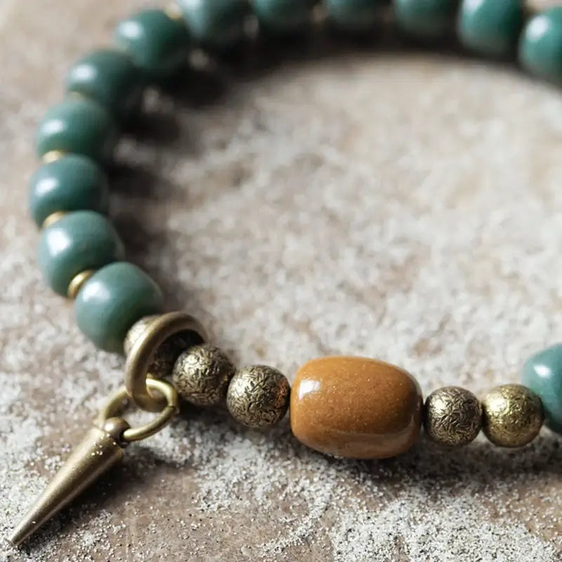 Bracelete em Cobre, Jade e Sementes de Bodhi Verde - Linha Nepal