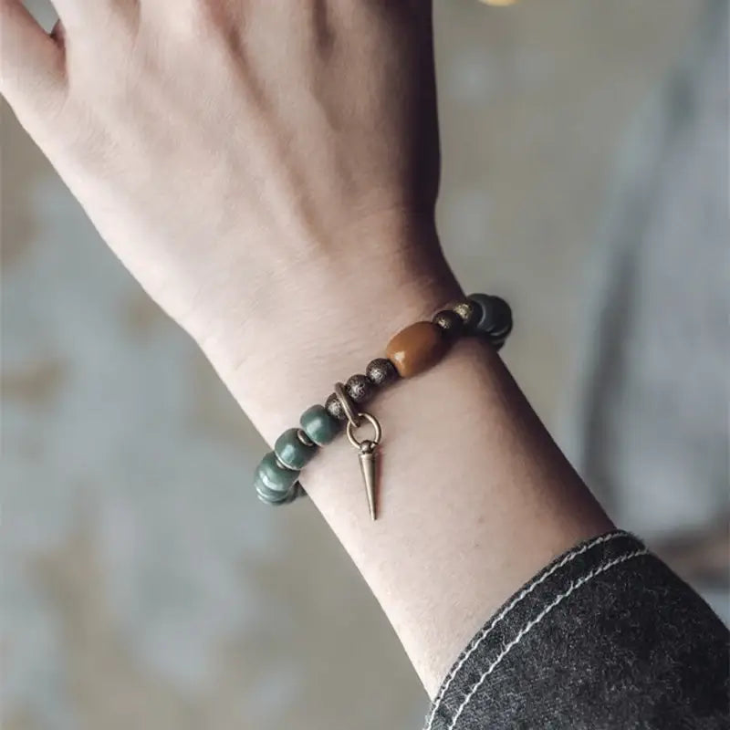 Bracelete em Cobre, Jade e Sementes de Bodhi Verde - Linha Nepal