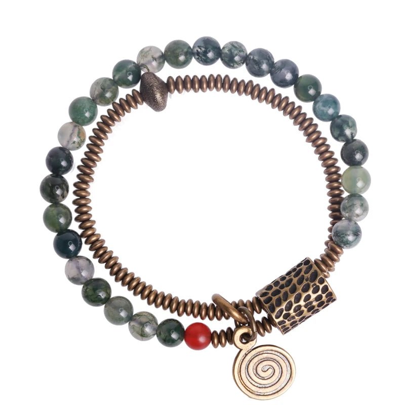 Bracelete Duplo em Ágata Musgo Natural e Cobre com Pingente - Linha Nepal