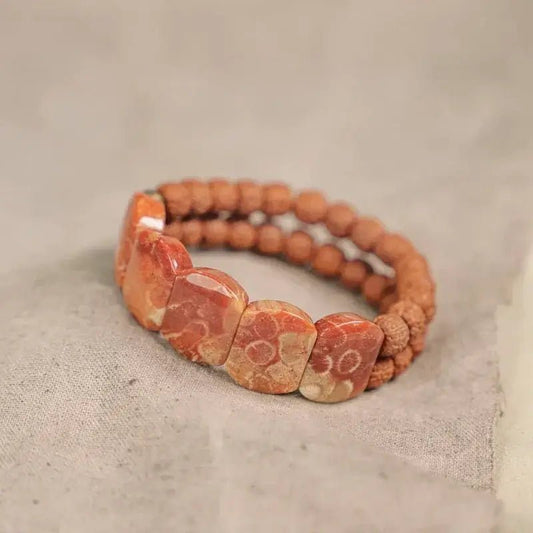 Bracelete Duplo em Coral Natural e Semente de Rudraksha - Linha Nepal