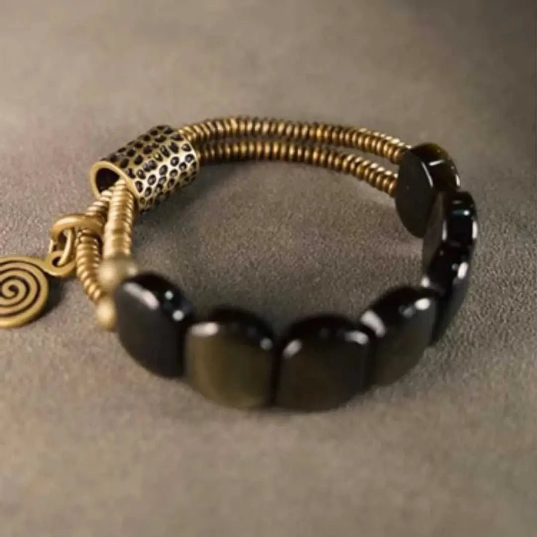 Bracelete Duplo em Obsidiana Gold, Cobre e Pingentes em Bronze Martelado à Mão - Linha Nepal