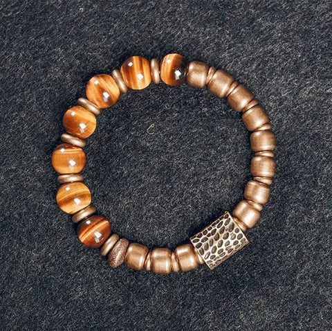 Bracelete em Pedras Olho de Tigre, Cobre e Bronze - Linha Nepal