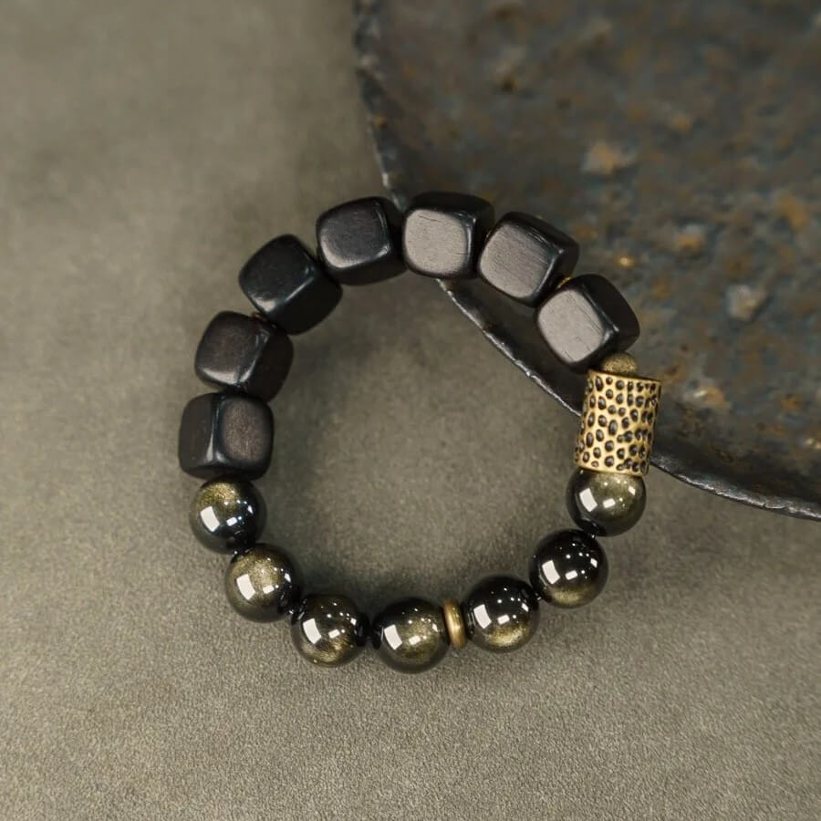 Bracelete em Obsidiana Gold, Madeira Ébano, Cobre e Bronze Martelado à Mão - Linha Nepal