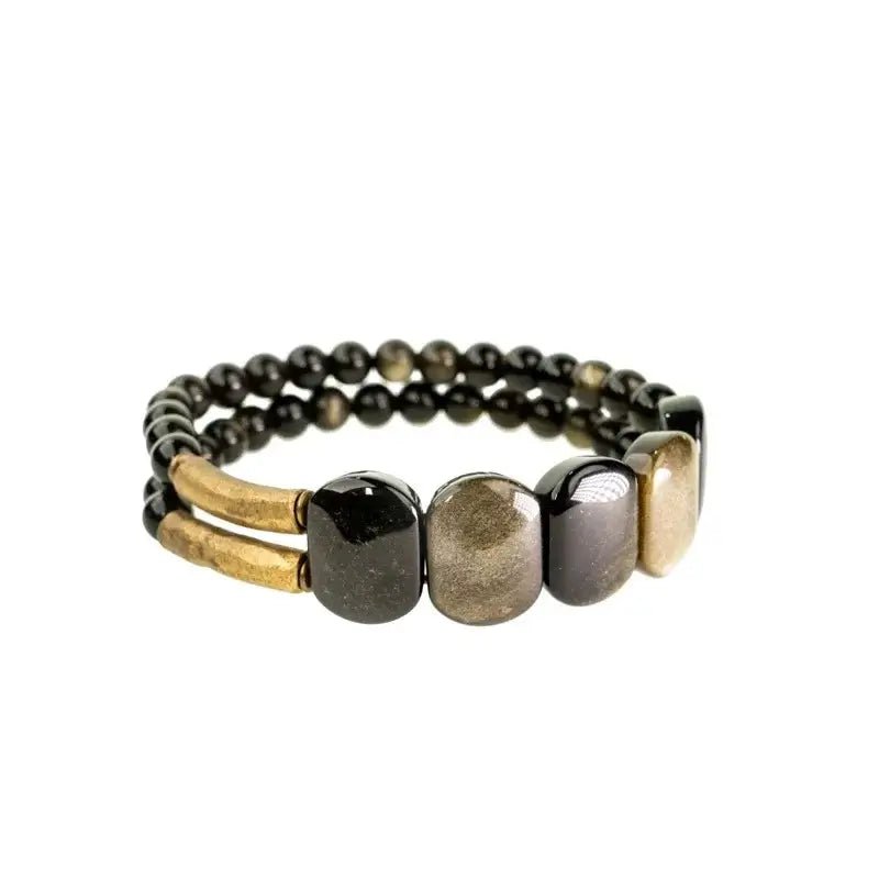 Bracelete Duplo em Obsidiana Gold e Bronze Martelado à Mão - Linha Nepal