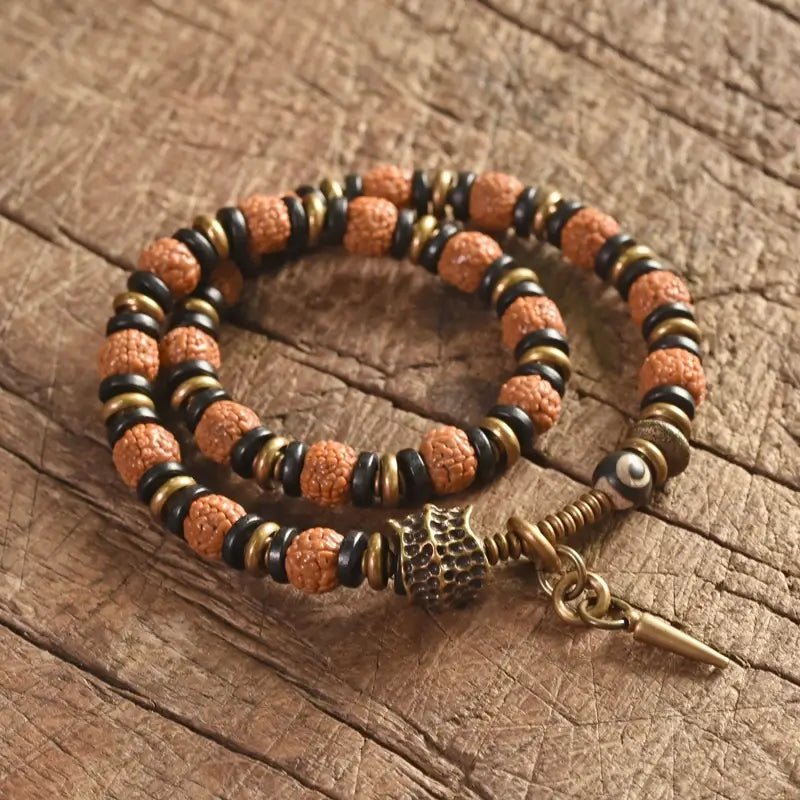 Bracelete com Sementes Rudraksha e Bronze - Linha Nepal