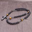 Terço em Pedras Naturais Olho de Tigre e Lava Vulcânica com Cruz em Hematita Rosário