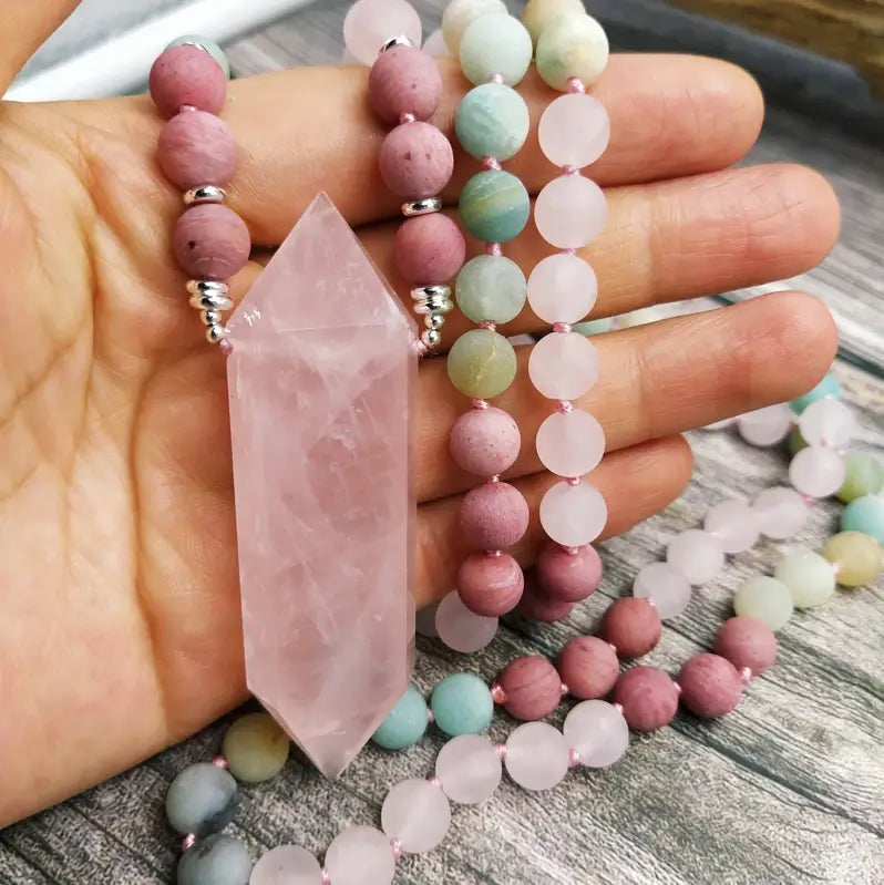 Japamala com 108 Contas Amazonita e Quartzo e Pedra Natural Quartzo Rosa - Linha Cristais