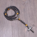 Terço em Pedras Naturais Olho de Tigre e Lava Vulcânica com Cruz em Hematita Rosário