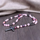 Terço em Pedras Naturais Ametista, Rodolita, Quartzo Rosa e Cruz em Hematita Rosário