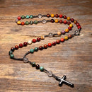 Terço em Pedras Naturais Turquesa Africana, Mookaite, Quartzo Cristal e Cruz em Hematita Rosário