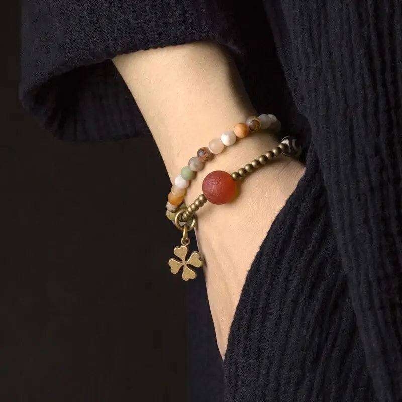 Bracelete Bhāgya em Cobre e Pedras Naturais Jaspe ou Ágata - Sorte 🍀 - Linha Nepal