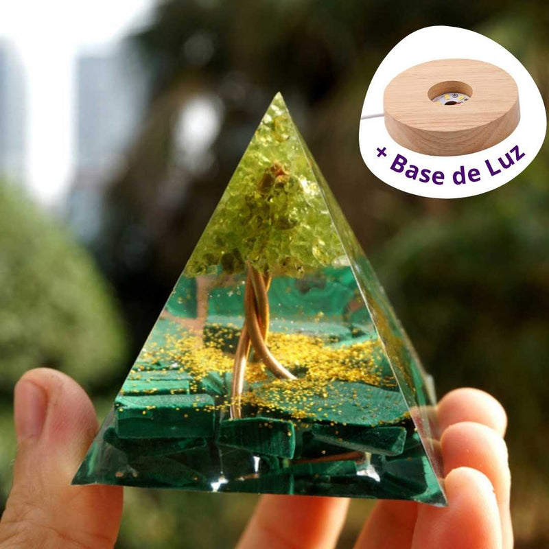 Pirâmide Orgonite em Malaquita e Peridoto Natural - Árvore da Vida ✨