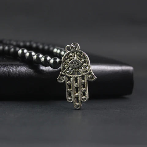 Japamala Hamsa em Pedras Hematita e Ágata Negra Natural - Linha Nepal