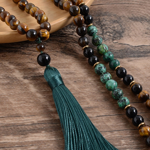 Japamala 108 Contas em Pedras Naturais Turquesa Africana, Ônix Preto e Olho de Tigre + Pulseira Grátis!