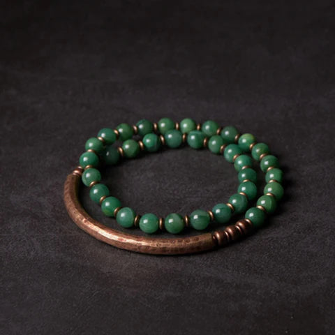 Bracelete em Cobre e Pedras Jade Natural - Linha Nepal