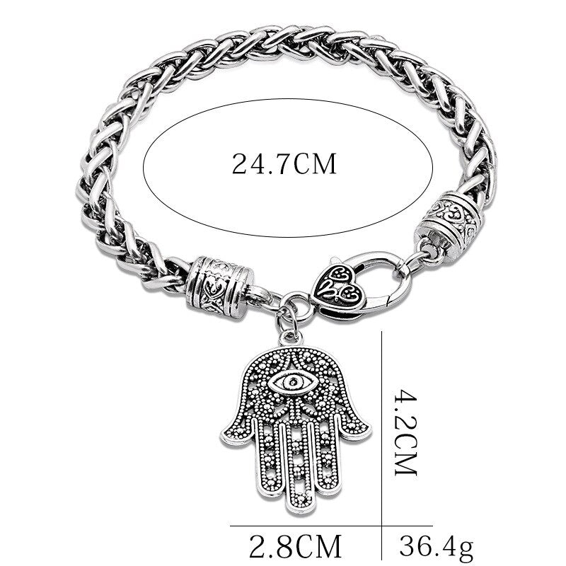 Bracelete Hamsa Mão de Fátima em Prata Envelhecida