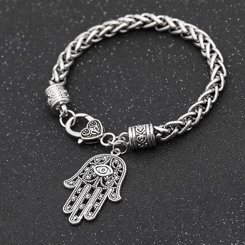 Bracelete Hamsa Mão de Fátima em Prata Envelhecida