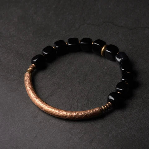 Bracelete em Obsidiana Natural e Cobre - Linha Nepal