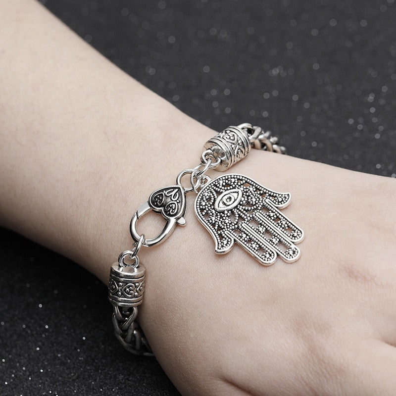 Bracelete Hamsa Mão de Fátima em Prata Envelhecida