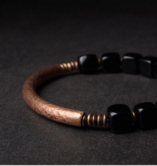 Bracelete em Obsidiana Natural e Cobre - Linha Nepal