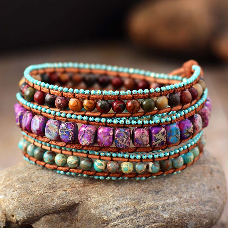 Pulseira Masala com Jaspe Vermelho, Jaspe Roxo e Turquesa Naturais