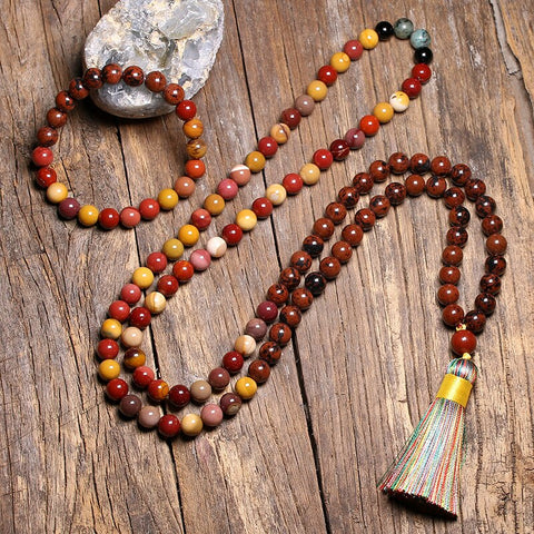 Japamala com 108 Contas em Pedras Naturais Obsidiana Mahogany, Mookaite e Turquesa Africana
