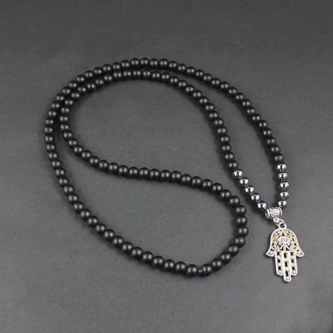Japamala Hamsa em Pedras Hematita e Ágata Negra Natural - Linha Nepal