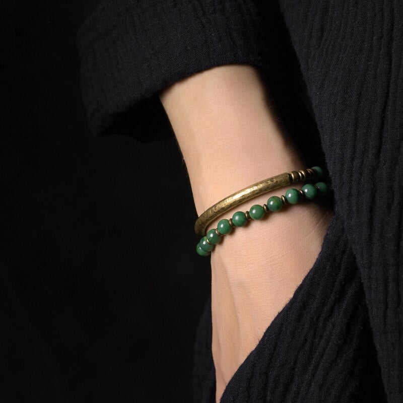 Bracelete em Cobre e Pedras Jade Natural - Linha Nepal