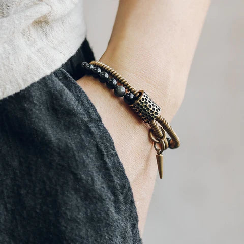 Bracelete Duplo em Obsidiana Natural e Cobre com Pingente - Linha Nepal