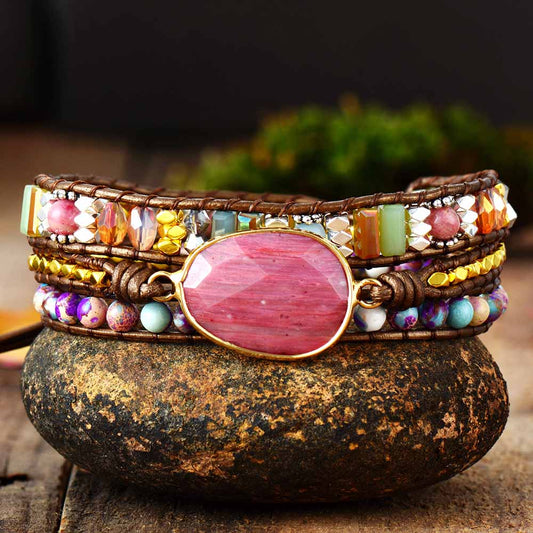 Pulseira Stone com Jaspe Roxo e Rodonita - Força e Equilíbrio