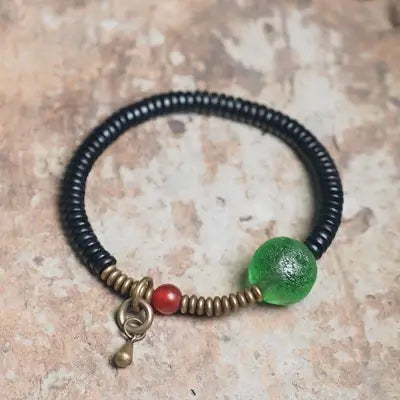 Bracelete em Madeira Ébano, Ágata e Pingente em Cobre - Linha Nepal