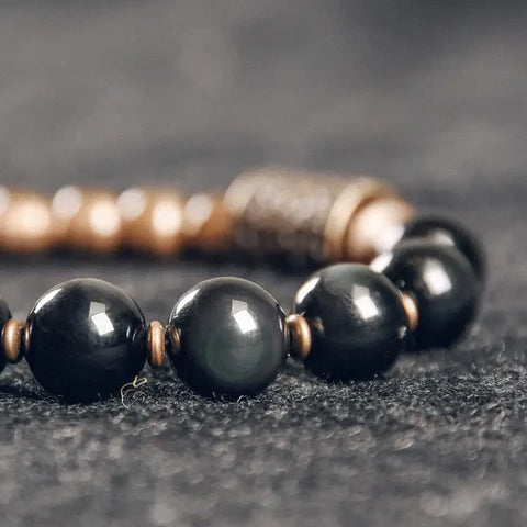 Bracelete em Pedras Obsidiana Arco Íris, Cobre e Bronze - Linha Nepal