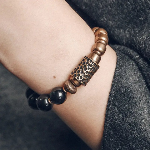 Bracelete em Pedras Obsidiana Arco Íris, Cobre e Bronze - Linha Nepal