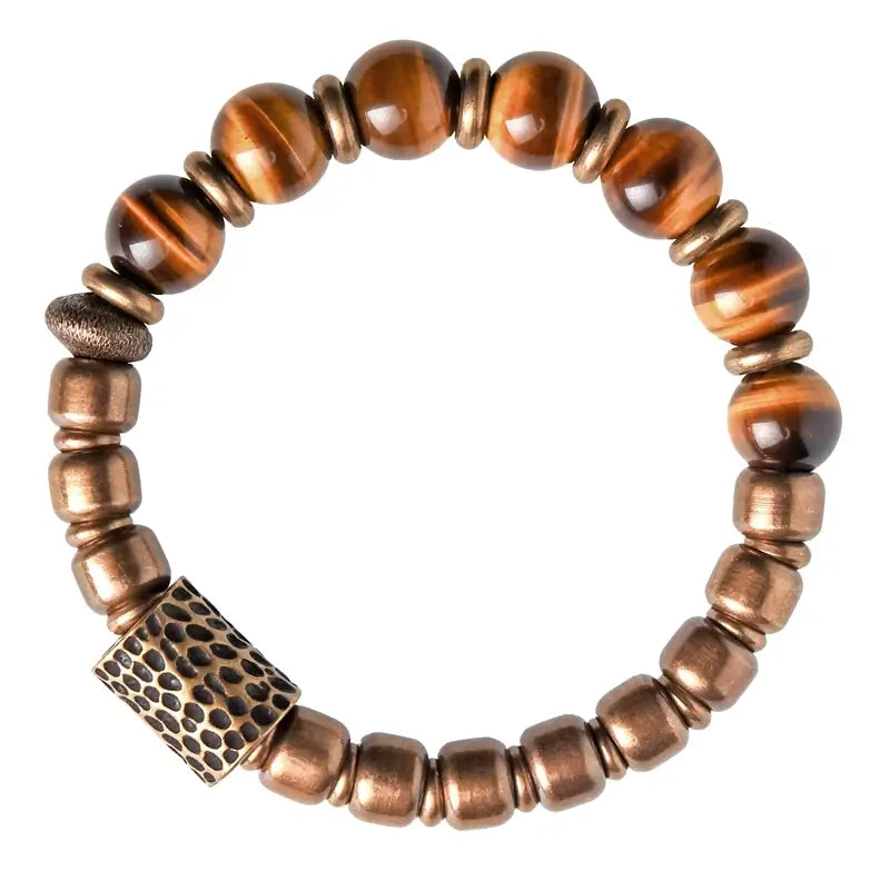 Bracelete em Pedras Olho de Tigre, Cobre e Bronze - Linha Nepal