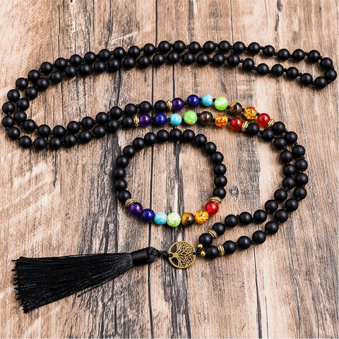 Japamala 7 Chakras 108 Contas em Pedras Naturais Turmalina Negra + Pulseira Grátis!