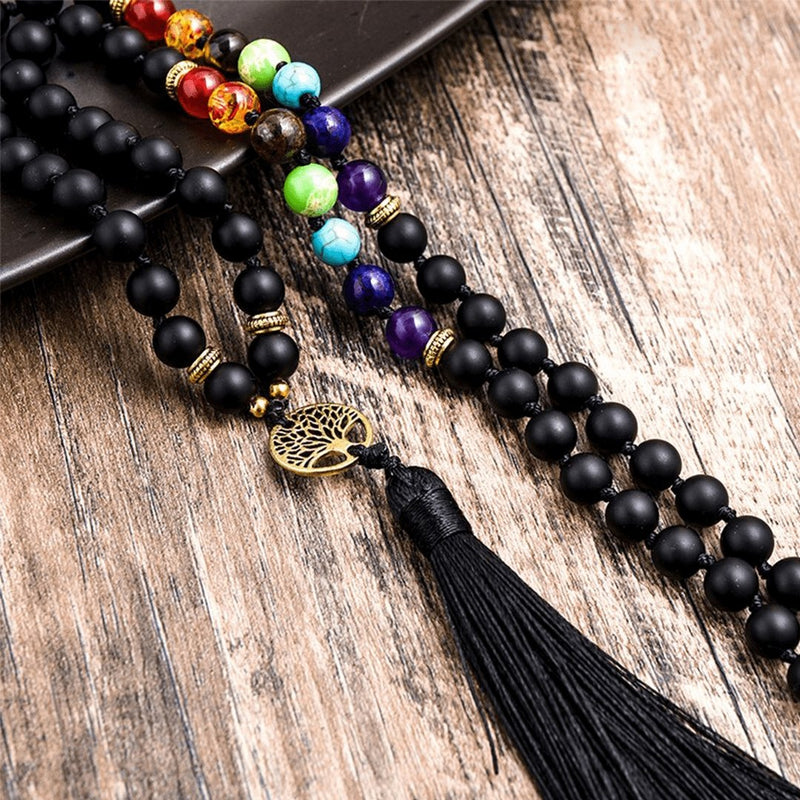 Japamala 7 Chakras 108 Contas em Pedras Naturais Turmalina Negra + Pulseira Grátis!