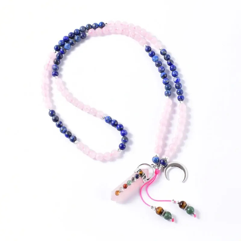 Japamala Com 108 Contas em Lápis Lazuli e Quartzo Rosa e Pendente 7 Chakras em Quartzo Rosa