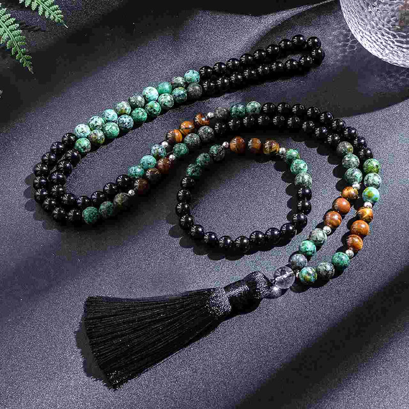 Japamala 108 Contas em Pedras Naturais Turquesa Africana, Ágata Negra e Olho de Tigre + Pulseira Grátis!