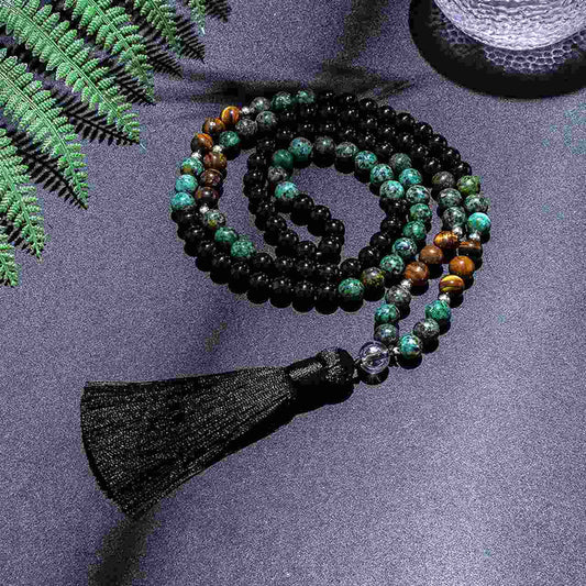 Japamala 108 Contas em Pedras Naturais Turquesa Africana, Ágata Negra e Olho de Tigre + Pulseira Grátis!