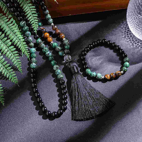 Japamala 108 Contas em Pedras Naturais Turquesa Africana, Ágata Negra e Olho de Tigre + Pulseira Grátis!