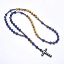 Terço em Pedras Naturais Olho de Tigre e Lapis Lazuli com Cruz em Hematita Rosário