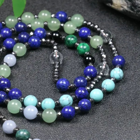 Terço em Pedras Naturais Lapis Lazuli, Turquesa e Ônix com Cruz em Hematita Rosário